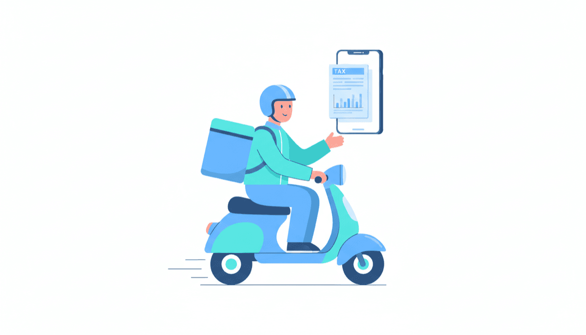 Illustration of a Uber Eats courier getting their 1099 tax form